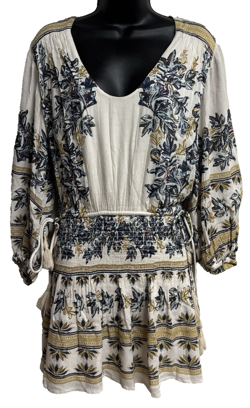 Free People Cream Blue Size XS Fit Flare Mini 3/4 Sleeve V-Neck Tie Dress EUC